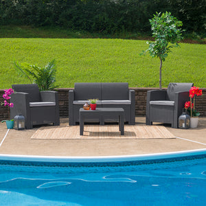 Flash Furniture Indoor/Outdoor 4-Piece Faux Rattan Loveseat, Chair, & Table Set