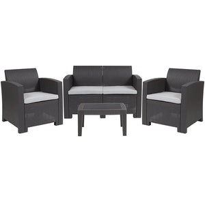 Flash Furniture Indoor/Outdoor 4-Piece Faux Rattan Loveseat, Chair, & Table Set