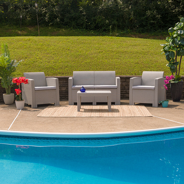Flash Furniture Indoor/Outdoor 4-Piece Faux Rattan Loveseat, Chair, & Table Set